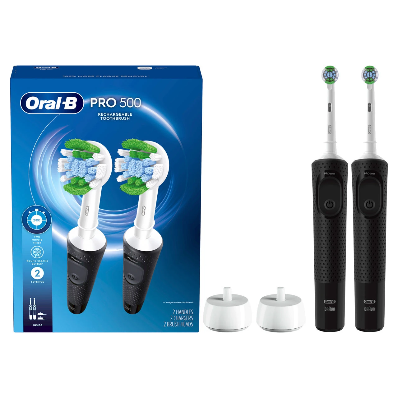 Oral B Oral-B Pro 500 Rechargeable Electric Toothbrush Twin Pack, Black 1 Oral B Oral-B Pro 500 Rechargeable Electric Toothbrush Twin Pack, Black